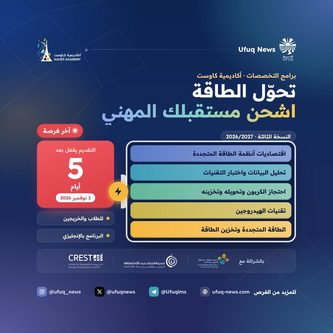 تصميم أفق نيوز لبرنامج تحوّل الطاقة من أكاديمية كاوست، يدمج بين هوية أفق وهوية كاوست: الزاوية اليسار بأزرق كاوست الغامق ولمسة ذهبية، واليمين والجزء السفلي بألوان أفق. فيه عنوان "تح