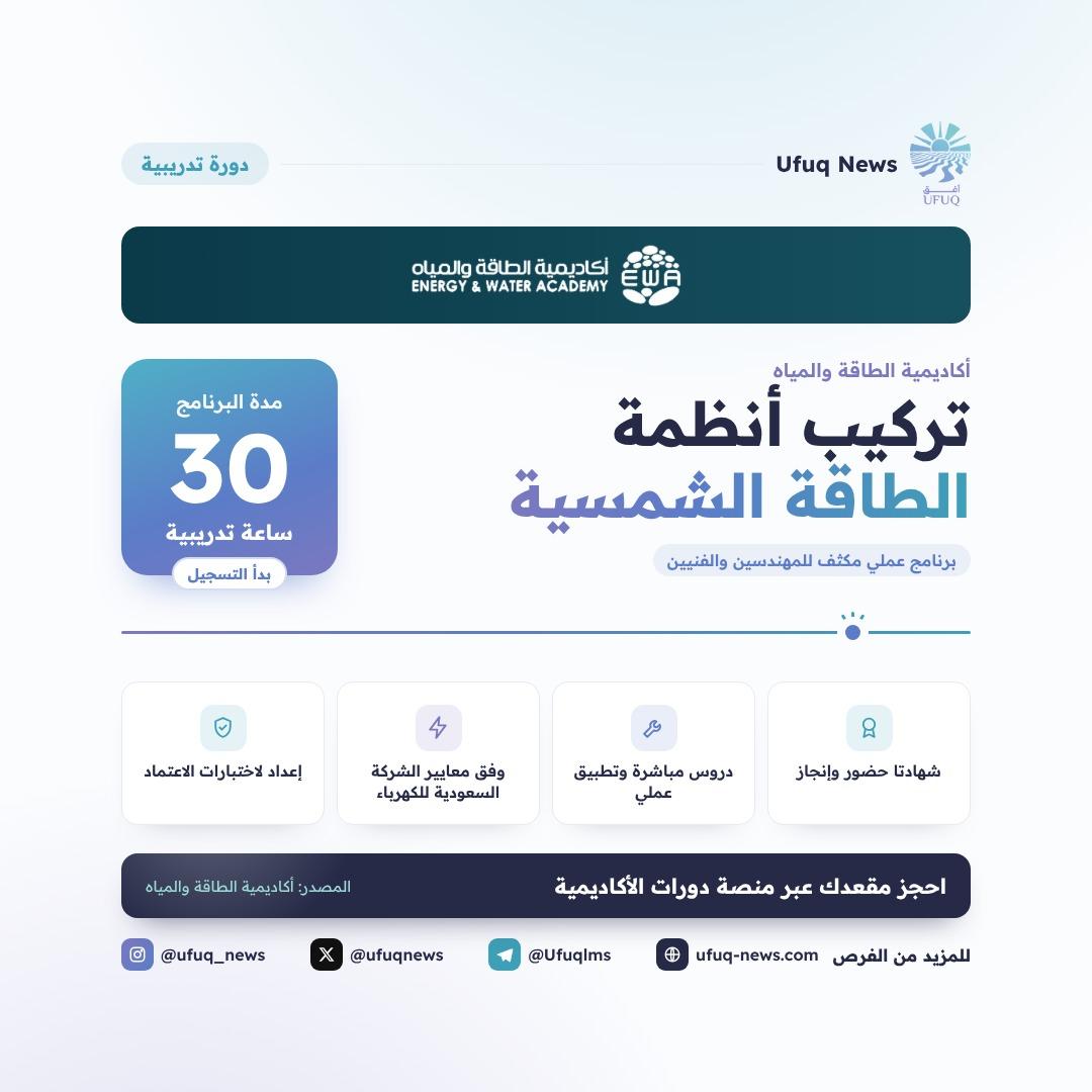 تصميم أفق لبرنامج تركيب أنظمة الطاقة الشمسية من أكاديمية الطاقة والمياه، مع شعار الأكاديمية، ومربع “30 ساعة تدريبية”، وأربع بطاقات: شهادتا حضور وإنجاز، ودروس مباشرة وتطبيق عملي، وو