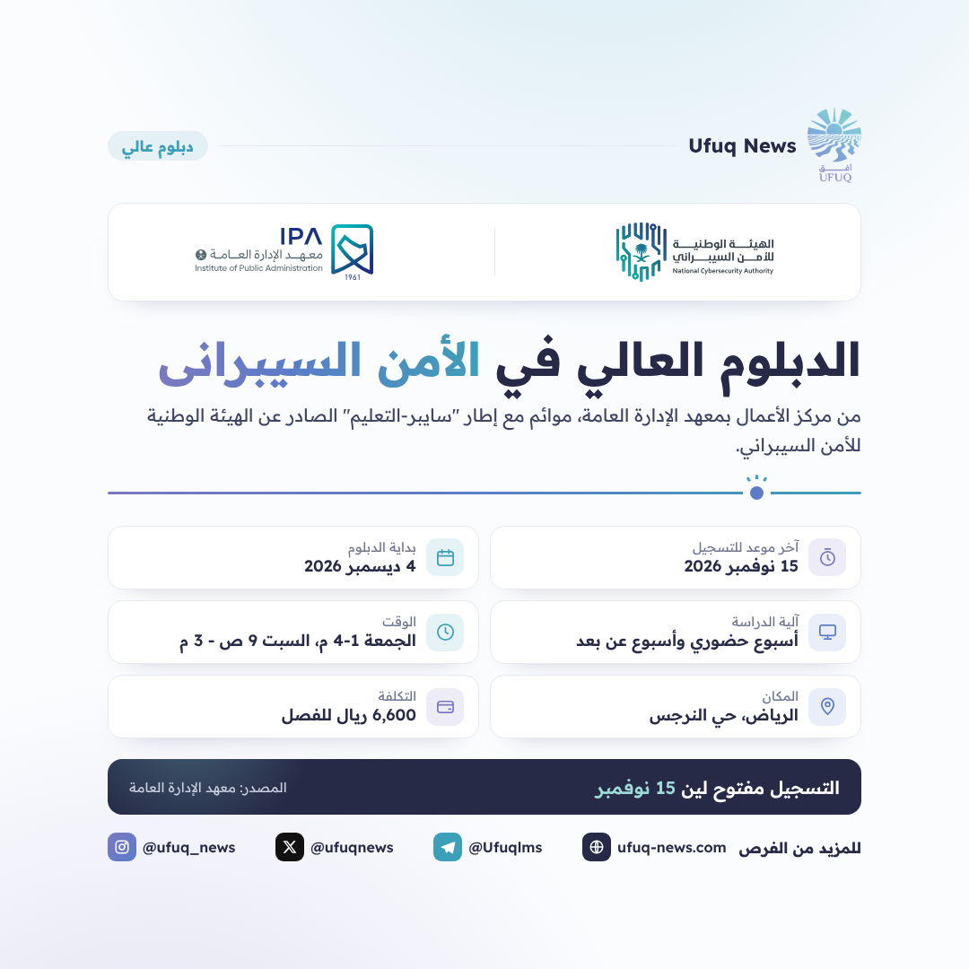 تصميم من أفق نيوز يعلن عن الدبلوم العالي في الأمن السيبراني من معهد الإدارة العامة، الموائم مع إطار سايبر-التعليم من الهيئة الوطنية للأمن السيبراني، ويظهر فيه شعار الجهتين. آخر موع